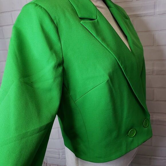 New Bright Green Cropped Double Breasted Blazer Jacket womens L XL Modern Style - Picture 4 of 7